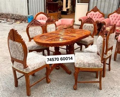 Round Royal Brown Wooden Carved Dining Table Set For Home 6 Seater At