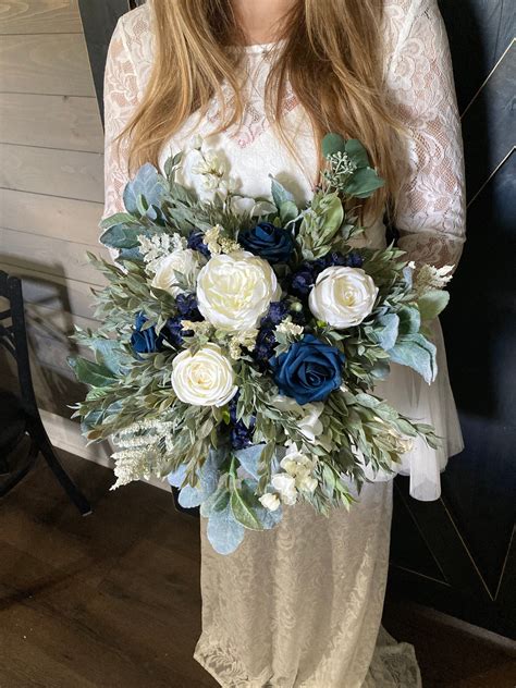 Navy White and Sage Green Wedding Bouquet. Navy and White - Etsy