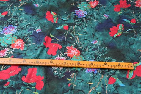 Red Floral Print Green Stretch Silk Satin Fabric Dark Green Etsy