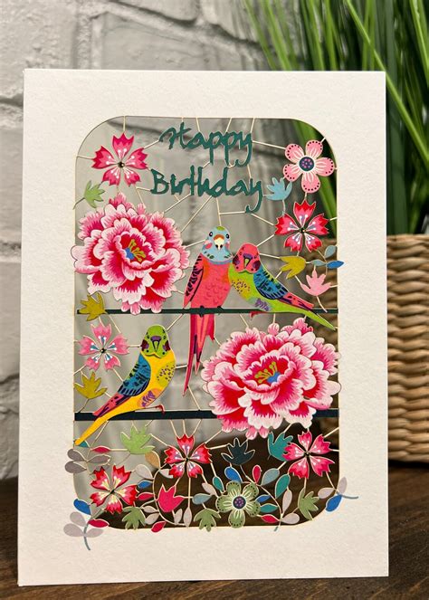 Rpm252 Happy Birthday Parakeets And Peonies Laser Cut Card Etsy