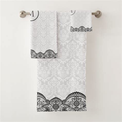 White Damask And Black Lace Bath Towel Set