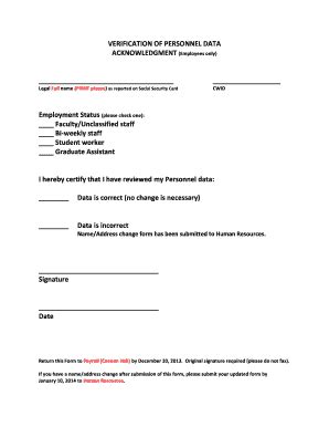 Fillable Online Webservices Ulm VERIFICATION OF PERSONNEL DATA