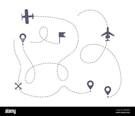 Airplane Line Path Vector Icons Of Air Plane Flight Route With Start