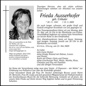 Traueranzeigen Von Frieda Ausserhofer Trauer Bz