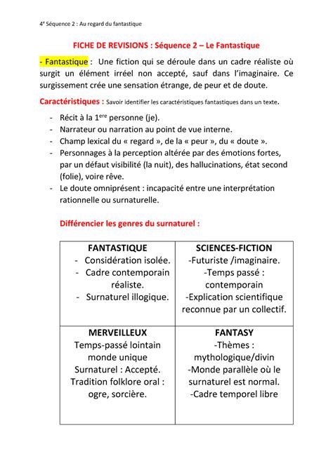 Fantastique fiche révisions 4 e Séquence 2 Au regard du fantastique