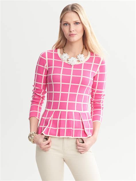 Pink Windowpane Peplum Sweater Peplum Lace Peplum Sweater Casual