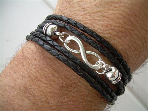 Black Braided Leather Bracelet Infinity Bracelet Triple Wrap Black