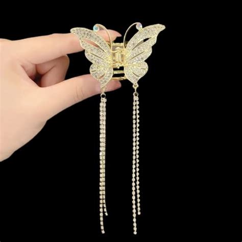 F Falkiya Rhinestone Tassel Butterfly Hair Claws Metal Hair Clutcher