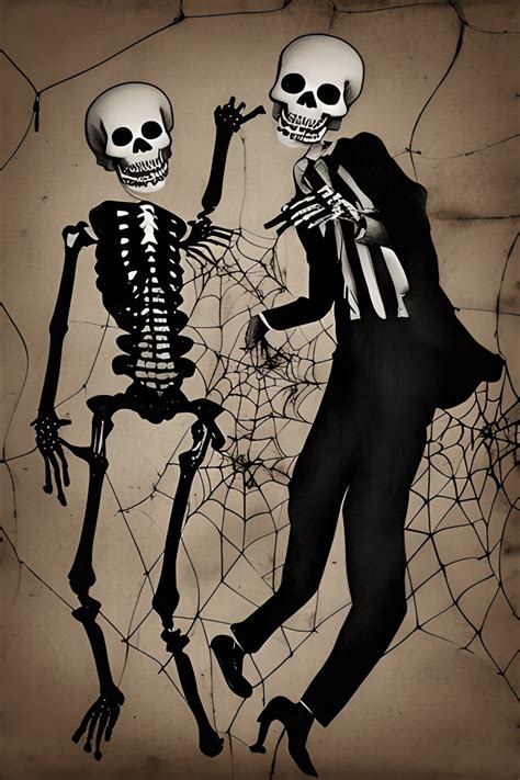 Two Skeletons Dressed Up In Suits Happily Dancing Together Under