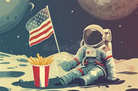 Astronaut On Moon Plants Us Flag Fast Food Fries And Drink Float In