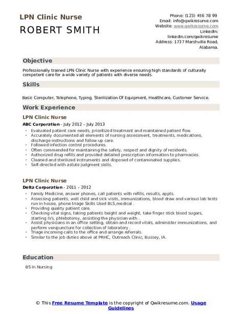 Lpn Clinic Nurse Resume Samples Qwikresume