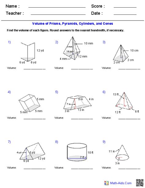 Area Of A Prism And Pyramid Worksheets