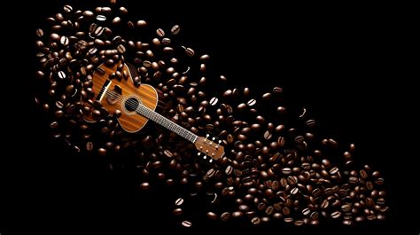 Coffee Beans Shaped Into Music Notes And Guitar Outline Isolated On A White Background