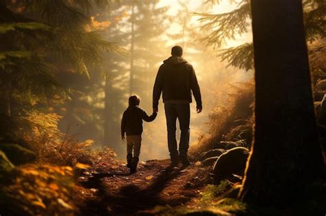 Padre E Hijo Caminando Por El Bosque Con Las Manos En Un Camino Foto