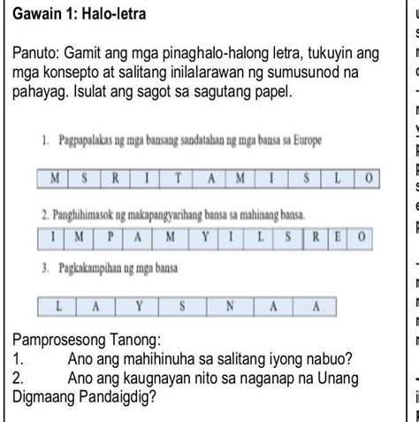 Gawain 1 Halo Letra Panuto Gamit Ang Mga Pinaghalo Halong Letra