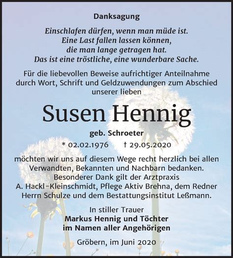 Traueranzeigen Von Susen Hennig Abschied Nehmen De