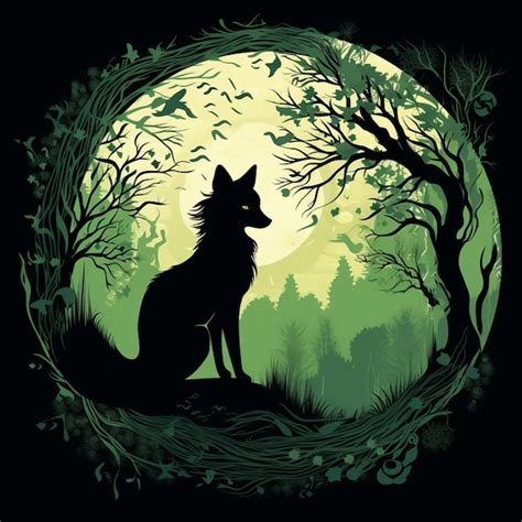 Hay una ilustración negra y verde de un lobo en el bosque ai generativo