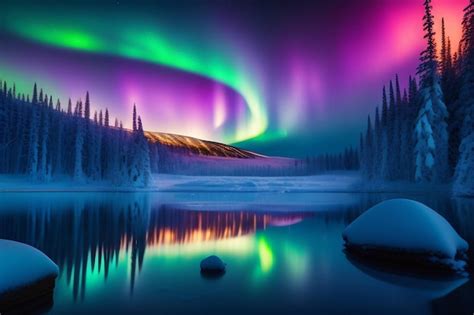 Las Auroras Boreales Se Iluminan En El Cielo Sobre Un Lago Foto Premium