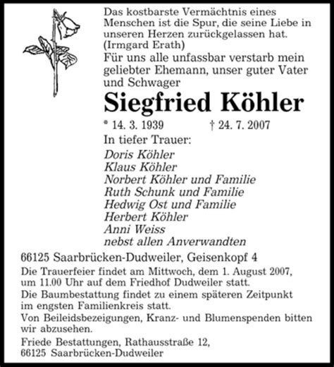 Traueranzeigen von Siegfried Köhler Saarbruecker Zeitung Trauer de