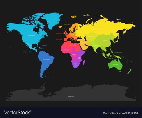 Colorful map of world divided into regions on dark