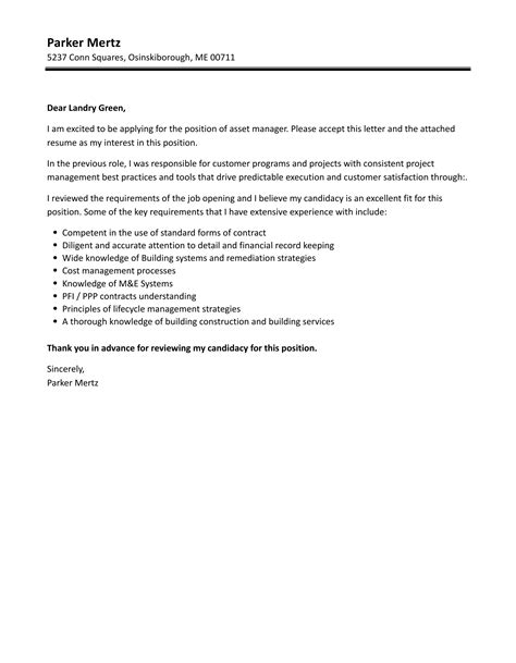 Asset Manager Cover Letter Velvet Jobs