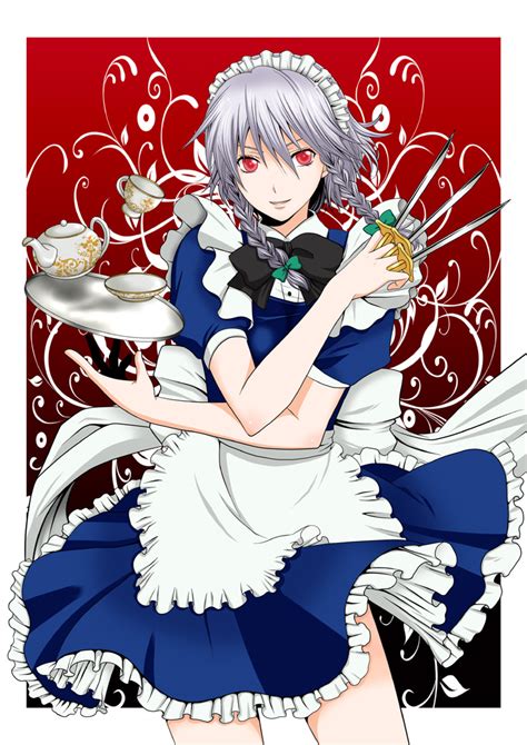 Safebooru Braid Cup Galaxy Blue Hairband Hands Izayoi Sakuya Knife