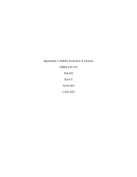 Experiment Reduction Of Ketone Chem Experiment Nabh