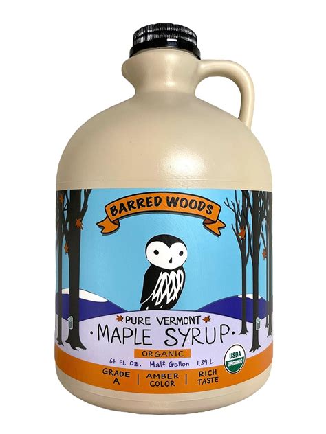 Barred Woods Maple Half Gallon Jug Organic Pure Vermont Maple Syrup