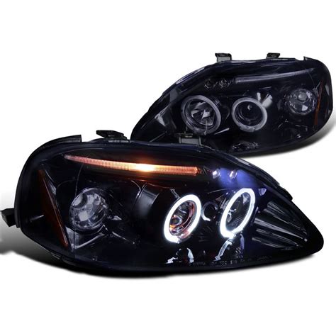 Honda Civic Angel Eye Halo Led Projector Headlights Gloss Black