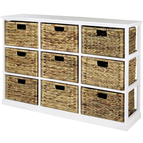 Hartleys 3x3 White Wood Home Storage Unit 9 Wicker Drawer Baskets Chest