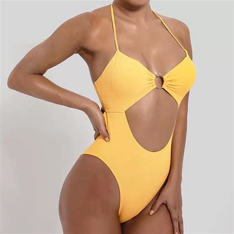 Push Up Ribbed One Piece Swimsuit Yellow Cloz Online