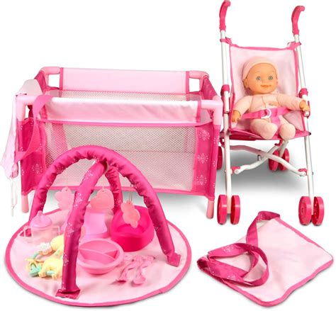 ANIVIA 5PCs Baby Puppe Kinderwagen Set mit Baby Puppe Zubehör Set