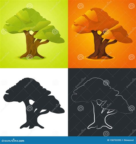 Vector Tree. Tree Silhouette Outline and Colorful Version Stock Vector - Illustration of wooden ...