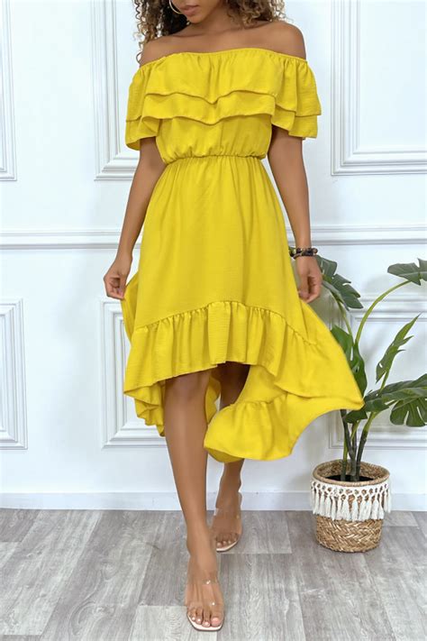 Robe Jaune Fluide Volants Et Col Bardot