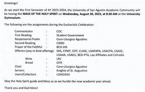 Mass Of The Holy Spirit St Sem Ay University Of San Agustin