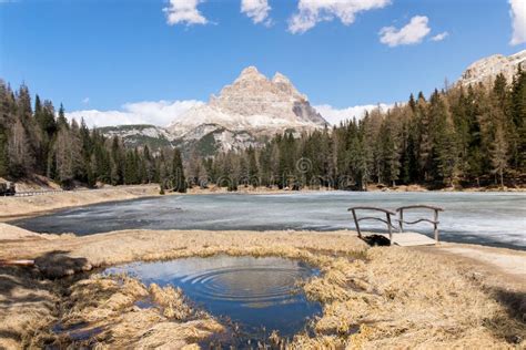 Tre Cime Di Lavaredo and Ripple Lake Antorno in Winter Stock Image ...