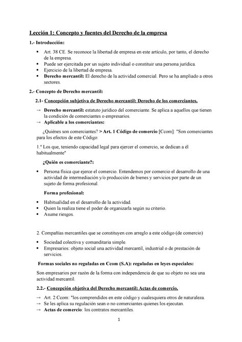 Lección 1 Derecho De La Empresa Lección 1 Concepto Y Fuentes Del Derecho De La Empresa 1