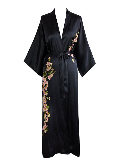 Old Shanghai Womens Silk Kimono Long Robe Handpainted Cherry