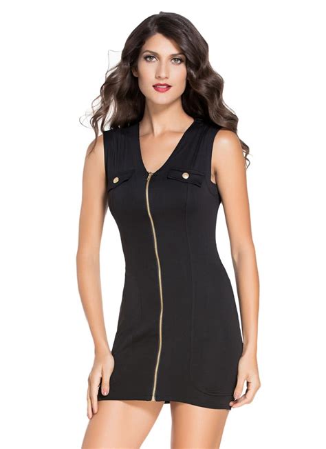 Black One Size Black Zip Front Sleeveless Mini Bodycon Dress Chicuu