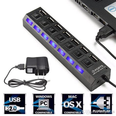 7 Ports LED USB Hub Splitter ON OFF Switch Adapter Cable Computer Hub