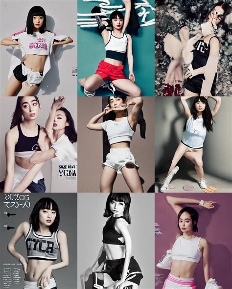 suzu Hirose wearing crop gym top with white lettering, | Stable Diffusion