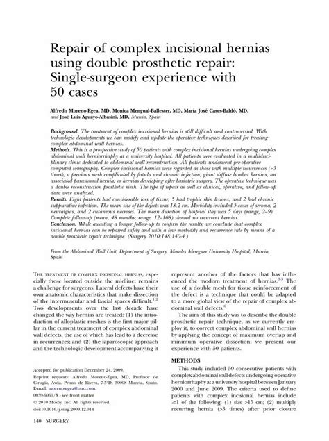 PDF Repair Of Complex Incisional Hernias Using Double Prosthetic