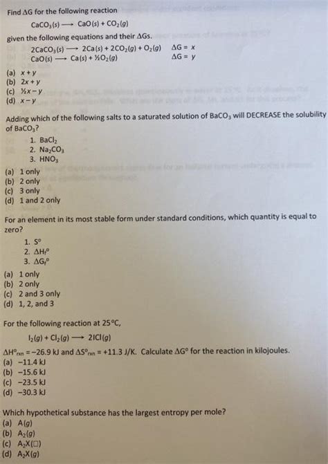 Solved Find Ag For The Following Reaction Caco S Cao S Chegg