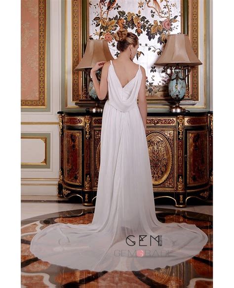 A Line V Neck Sweep Train Satin Chiffon Wedding Dress With Beading Ruffle Gm4024 279