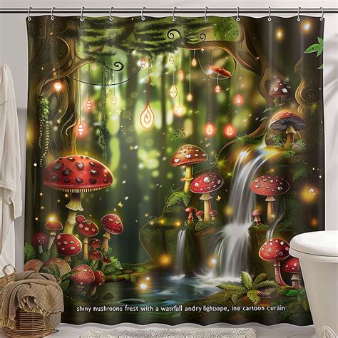 Enchanting Forest Shower Curtain Shiny Mushrooms Waterfall Fairy