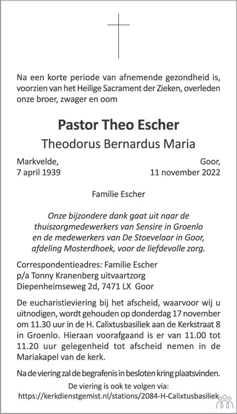 Theo Theodorus Bernardus Maria Escher 11 11 2022 Overlijdensbericht