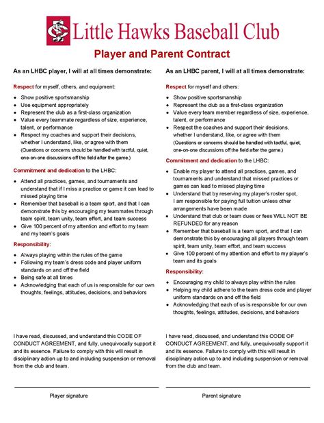 LHBC Player and Parent Contract : Little Hawks Baseball Club