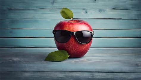 Premium Photo Apple With Sunglasses Against A Blue Wooden Background