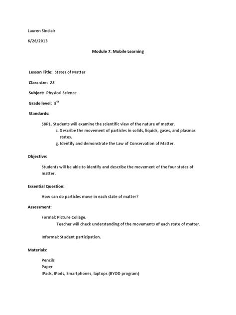 States Of Matter Lesson Pdf Matter Gases