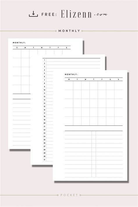 Free Printable Planner Inserts Pocket Monthly Calendar List Elizenn